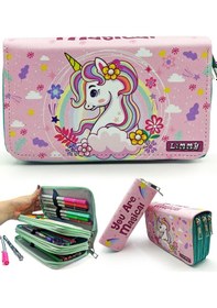 Resim Kalem Kutusu Unicorn Bahar Temalı Kawai Organizer Kalemkutu Vegan Deri Üç Bölmeli Kalemlik 