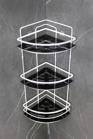 Resim HIMYHOME Kristal Raflı Paslanmaz Beyaz Lamalı Üçlü Şampuanlık Yapışkanlı Banyo Düzenleyici Köşeliği Rafı 