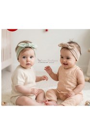 Resim swan butik Kız Bebek Çocuk Bandana Toka Seti 2'li Mint Ve Bej Tavşankulak Bandana Penye 
