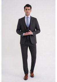 Resim Efor Slim Fit Çift Yırtmaç Çizgili Esnek Yünlü Antrasit Yelekli Klasik Takım Elbise Tk 935 Antrasit 