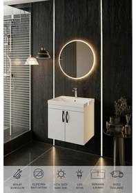 Resim Ege 60 Cm Led Aynalı, 2 Kapaklı Banyo Dolabı Seti, Seramik Lavabo Dahil, Led'li Beyaz 