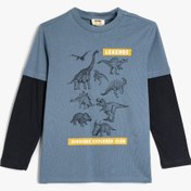 Resim Erkek Çocuk Dinozor Baskılı Uzun Kollu Bisiklet Yaka Pamuklu Tişört 