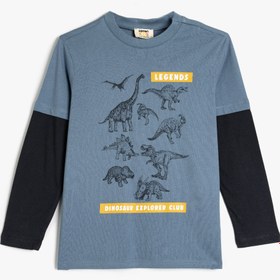 Resim Erkek Çocuk Dinozor Baskılı Uzun Kollu Bisiklet Yaka Pamuklu Tişört 