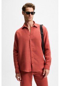 Resim Grimelange Raımo Erkek %100 Pamuklu Müslin Kumaş Manşetli Uzun Kol Comfort Fit Kiremit Rengi Gömlek 