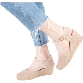 Resim Gerçek Elişi Hasır Rengi Topuğu Açık Keten Espadril Dolgu Topuk Handmade Hasır 