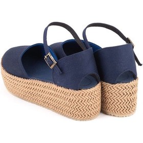 Resim Gerçek Elişi Platformlu Poli Taban Espadril Dolgu Topuk Keten Espadril Handmade Lacivert 