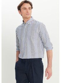 Resim AC&Co / Altınyıldız Classics Erkek Beyaz Lacı Pamuklu Keten Regular Fit Normal Kesim Düğmeli Yaka Çizgili Gömlek Beyaz Lacı 