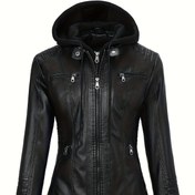 Resim Kadın Suni Deri Ceket - Tam Fermuarlı Kapüşonlu Mont, Tam Fermuarlı Ön Kapanışlı, Günlük ve Resmi Etkinlikler için Şık Streetwear Dış Giyim, Tüm Sezon Şık Kadın Giyim, Bayan Ceketi, Çok Yönlü Moda, Retro Moda, Dayanıklı Yapı 