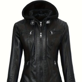 Resim Kadın Suni Deri Ceket - Tam Fermuarlı Kapüşonlu Mont, Tam Fermuarlı Ön Kapanışlı, Günlük ve Resmi Etkinlikler için Şık Streetwear Dış Giyim, Tüm Sezon Şık Kadın Giyim, Bayan Ceketi, Çok Yönlü Moda, Retro Moda, Dayanıklı Yapı 