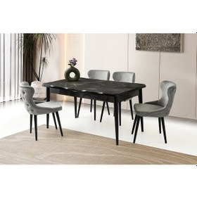 Resim Ortadan Açılır Büyüyen 70x120cm Mermer Desenli Ahşap Salon Yemek Masa Gri Sandalye Takımı 4 Sandalye Siyah 