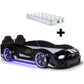 Resim Siyah Arabalı Yatak Kapıları Açılan Mustang Full Ledli Kumandalı Ve Müzikli + Ortopedik Yatak 