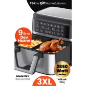 Resim Goldmaster Doublefry 2850W 9 Litre 3xl Dev Tek ve Çift Hazneli Dokunmatik Airfryer Yağsız Sıcak Hava Fritözü 