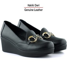 Resim Erkan Saçmacı Hayley Siyah Hakiki Deri Tokalı Yuvarlak Burun Dolgu Topuklu Günlük Ayakkabı Siyah 