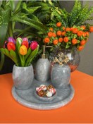 Resim MIARIK DESIGN & DEKORASYON Dekoratif Gri Oval Mermer Banyo Seti Takımı 5 Li Aksesuar Detaylı Tasarım Set 