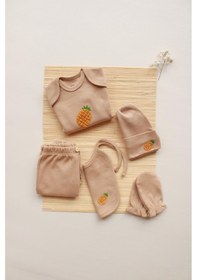 Resim Ananas Nakışlı 5li Kısa Kollu Yenidoğan Set Vizon 