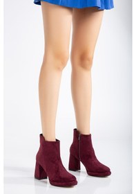 Resim Kadın Platform Topuklu Bot Bordo Süet Yüzüdüz Fermuarlı-3267 Bordo 