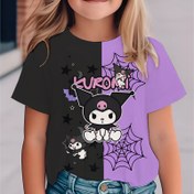 Resim Sanrio Kuromi Grafik Kızlar Günlük Kısa Kollu Tişört - %100 Polyester, Siyah ve Mor Kontrast Tasarım Yıldızlar ve Yarasa ile, Gençler için Yuvarlak Yaka Yazlık Üst 