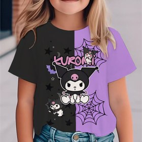 Resim Sanrio Kuromi Grafik Kızlar Günlük Kısa Kollu Tişört - %100 Polyester, Siyah ve Mor Kontrast Tasarım Yıldızlar ve Yarasa ile, Gençler için Yuvarlak Yaka Yazlık Üst 