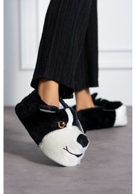 Resim Albishoes Sevimli Köpek Figür Siyah Peluş Yumuşak Taban Ev Panduf 001 