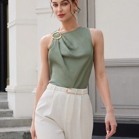 Resim Kadınlar için Kolsuz Minimalist Günlük Tank Top - Yüzük Detaylı Şık Yuvarlak Yaka Yazlık Üst, Düz Renk, Makinede Yıkanabilir, Günlük Giyim İçin Çok Yönlü, Esnek Olmayan Kumaş, Pürüzsüz Dokulu 