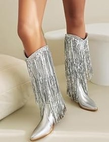 Resim Pullu diz yüksek kovboy çizmeler kadınlar için rahat sivri burun uzun diz yüksek batı Cowgirl çizmeler saçaklı tıknaz orta topuk çekme patik 