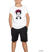 Resim Frida Kahlo Portre 7 Beyaz Çocuk Tişört Siyah 