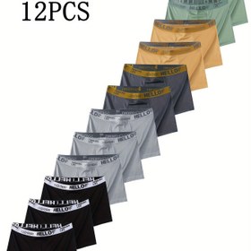 Resim 12'li Erkek 'Merhaba' Baskılı Bokser Briefs - Yüksek Esnek Polyester Örgü Kumaş, Hızlı Kuruyan, Nefes Alabilen Dayanıklı Renkli Şort Pantolonlar Günlük ve Casual Giyim İçin 