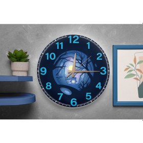 Resim Gece Manzaralı Dekoratif Sessiz Duvar Saati Ay Işığı Tasarım Lacivert 