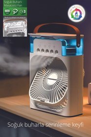 Resim Chermik 3'ü 1 Arada Soğuk Buharlı Nemlendirici Masaüstü Vantilatör USB Fan Gece Lambası 600ml 