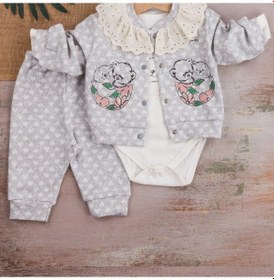 Resim 3-9 Ay Kız Bebek Takımı Brode İşlemeli Kalp 3'lü Hırkalı Gri Gri 