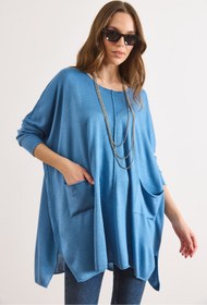Resim Olalook Kadın Mavi Çift Cepli Oversize Yırtmaçlı Uzun Triko Tunik TNK-19000106 