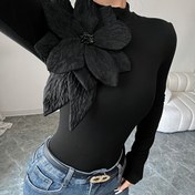 Resim Kadınların Şık Siyah Uzun Kollu Kırpma Üstü - Yüksek Boyun, Ruched Tasarım, Beli Bağlamalı, Rahat veya Şık Kıyafetler İçin Mükemmel, Şık Kırpma Üstü | Çiçek Süslemeli Üst | Ruched Dokulu 
