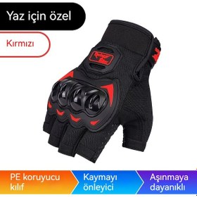 Resim Motosiklet Bisiklet Eldivenleri Yaz Nefes Alabilen Örgü Kaymaz Yarı Parmak Tam Parmak Eldivenleri Kırmızı 