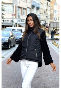 Resim Keyifli Moda Kadın Siyah Dik Yaka Kolları Triko Cepleri Fermuarlı Şişme Mont - 38 Siyah 