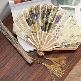 Resim El Yapımı Retro Mürekkep Boyalı Püskül Katlanır Yelpaze - Bej, Yeşil & Kahverengi Çiçek Desenli, Anneler Günü, Çay Sanatı Partileri ve Aile Buluşmaları İçin Taşınabilir Katlanır Yelpaze - Japon/Kore Esintili Şık Aksesuar, Kadınlar, Öğrenciler, Çiftler ve Kültürel Etkinlikler için Zarif El İşi 
