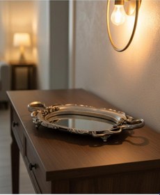 Resim Şık Oymalı Hediyelik Aynalı Klasik Sunum Tepsi 