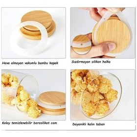 Resim Morponi 12 Adet Bambu Kapaklı Borosilikat Cam Kavanoz Mini 200 Ml Kaşıklı ŞEffaf 