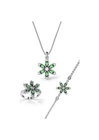 Resim 925 Ayar Zümrüt Taşlı Rodyum Lotus Çiçeği 3'lü Gümüş Set Gümüş 
