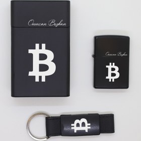 Resim Ada Lazer Kişiye Özel Bitcoin (Btc) Metal Sigara Kutusu, Zippo Çakmak ve Anahtarlık Seti 