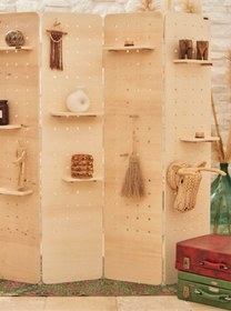 Resim ESLENTA Huş Ağacı 4 Kanatlı Katlanabilir Çok Amaçlı Ahşap Paravan 