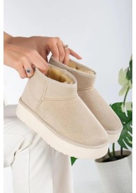 Resim Fort Elanaz Süet İçi Kürklü Kalın Taban Mini Boy Bilekte Kısa Kadın Bot Bej 