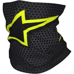 Resim Motorsiklet Atkısı - Neon Sarı Yıldız ve Siyah Altıgen Desenli Polyester Boyunluk, Nefes Alabilir Rüzgar Geçirmez Toz Önleyici Yüz Maskesi, Motosiklet Sürüşü, Outdoor Sporlar, Günlük Kullanım, Şık Kayış Tasarımı, Çok Amaçlı Boyun Aksesuarı 