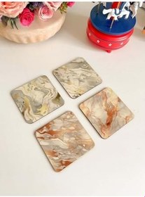 Resim Mermer Desenli Şık Ahşap Bardak Altlıkları -4'lü Set 