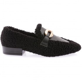 Resim Dgn Metal Tokalı Peluş Kadın Loafer Ayakkabı Siyah Peluş 6381535 