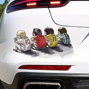 Resim 1 adet Eğlenceli Futbol Karikatür Araba Stickerı - Yerde Çömelmiş Neşeli Oyuncular, Arka Tampon için Parıltılı Bitişli Kendinden Yapışkanlı PVC Dekal, Spor Tutkunları için İdeal 