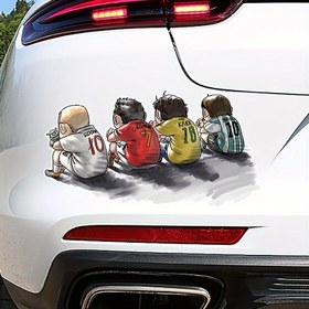 Resim 1 adet Eğlenceli Futbol Karikatür Araba Stickerı - Yerde Çömelmiş Neşeli Oyuncular, Arka Tampon için Parıltılı Bitişli Kendinden Yapışkanlı PVC Dekal, Spor Tutkunları için İdeal 