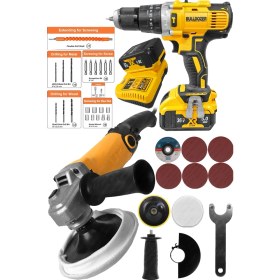 Resim Bulldozer Taşlama Polisaj Zımpara Makinesi ve Xfuel 36V 5AH Darbeli Çift Akülü Matkap 