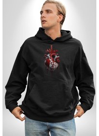 Resim Kırmızı Beyaz Kalp Toplar Damar Kadın Erkek Siyah Kapüşonlu Sweatshirt Hoodie Siyah 