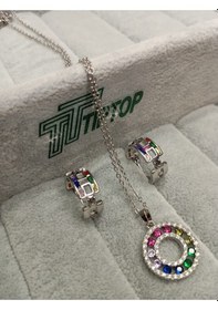 Resim Tiptop/gümüş Renk Zirkon Taşlı Çok Renkli Kolye-küpe Set Çok Renkli 
