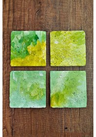 Resim Doğal Taş Bardak Altlığı - Yeşil Sulu Boya Desenler Baskılı 10x10cm Stone Coasters Çok Renkli 